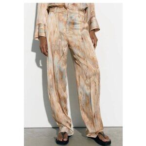 Zara Cream Silky & Brown Abstract Patterned Trouser Pants Tie Dye, Sz Medium